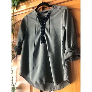 Express Womens  Olive  Lace Up Front Tassel Long Sleeve Shirt Top Size P/S